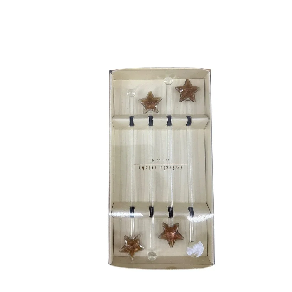 Pier 1 Imports Glass Star Swizzle Sticks Set of 4 Gold Copper Glitter Barware